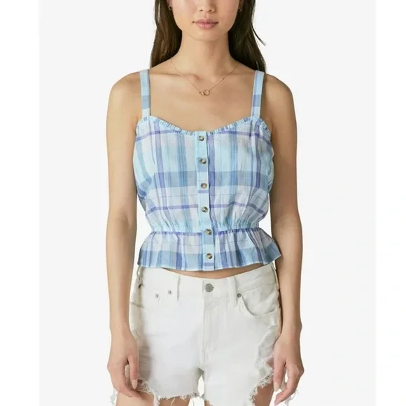NEW Lucky Brand Women’s Plaid Front Button Down Peplum Ruffled Crop Tank, Size M - Picture 5 of 16